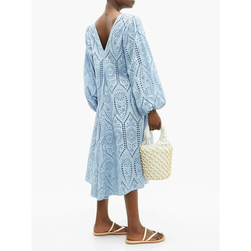 NWT GANNI Broderie Anglaise Eyelet Lace Midi Dress Light Blue EU 32/ US 0 $475 - Picture 2 of 16